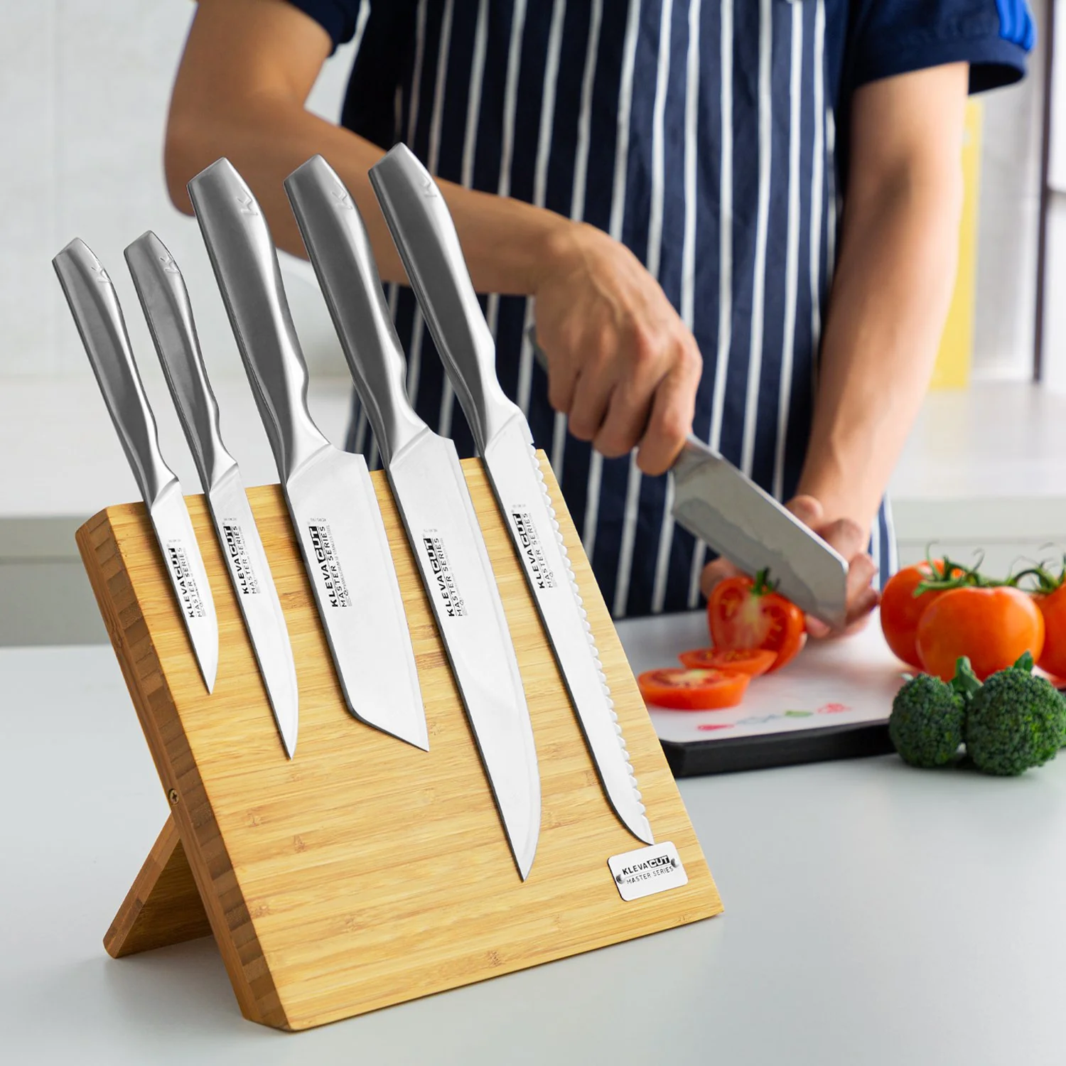 KlevaCut® Master Series Bamboo Edition 3pc Knife Set with Block & Sharpener Pro - Image 2