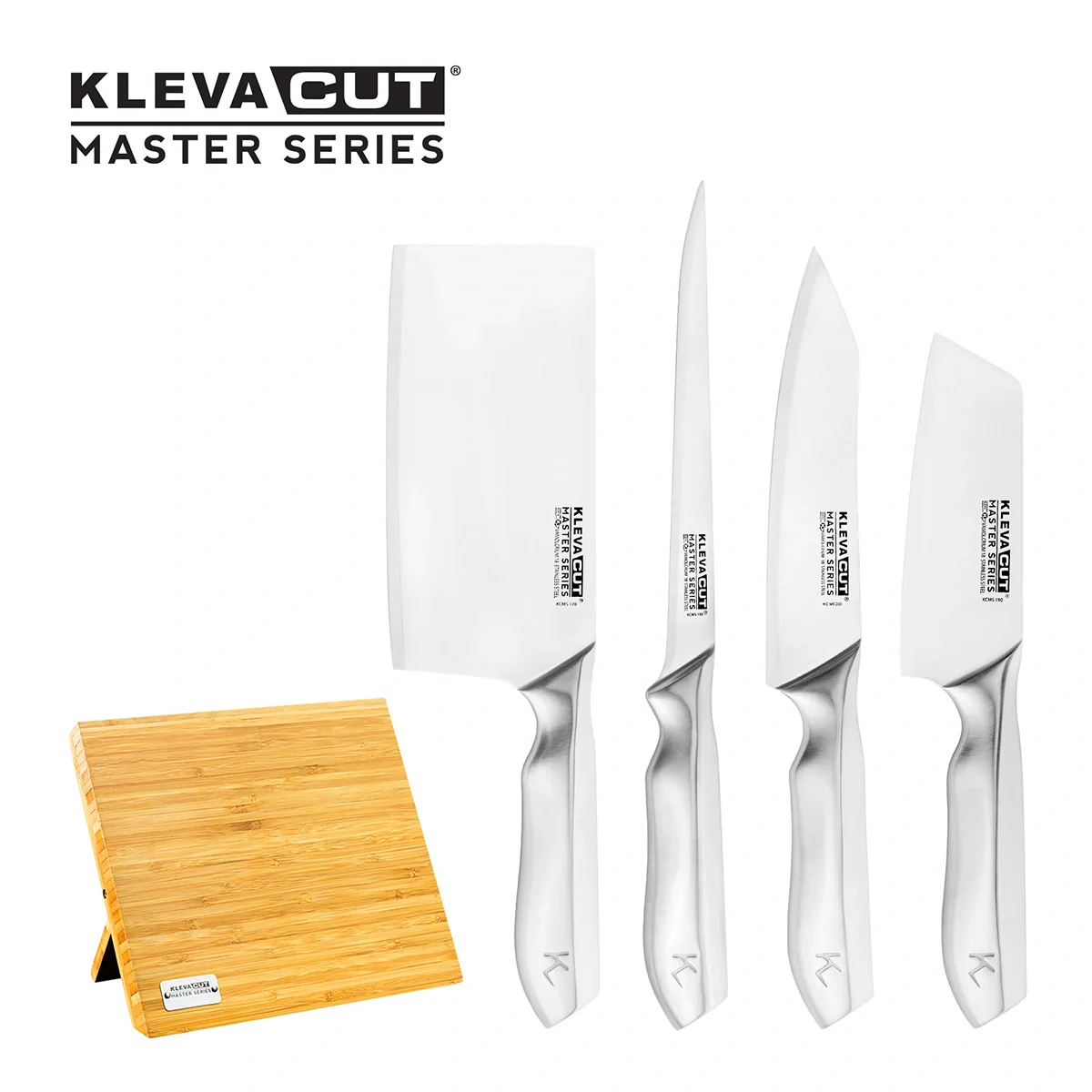 KlevaCut® Master Series Bamboo Specialist 4pc Knife Set with Block & Sharpener