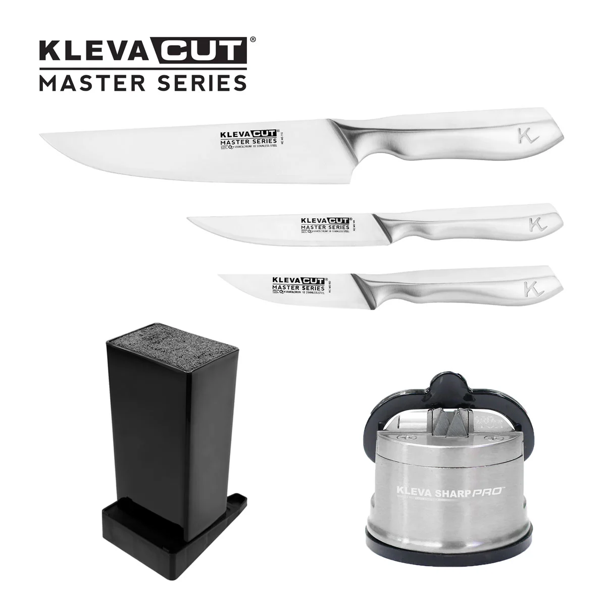 KlevaCut® Master Series Complete Essentials 3pc Knife Set with Universal Block & Sharpener Pro