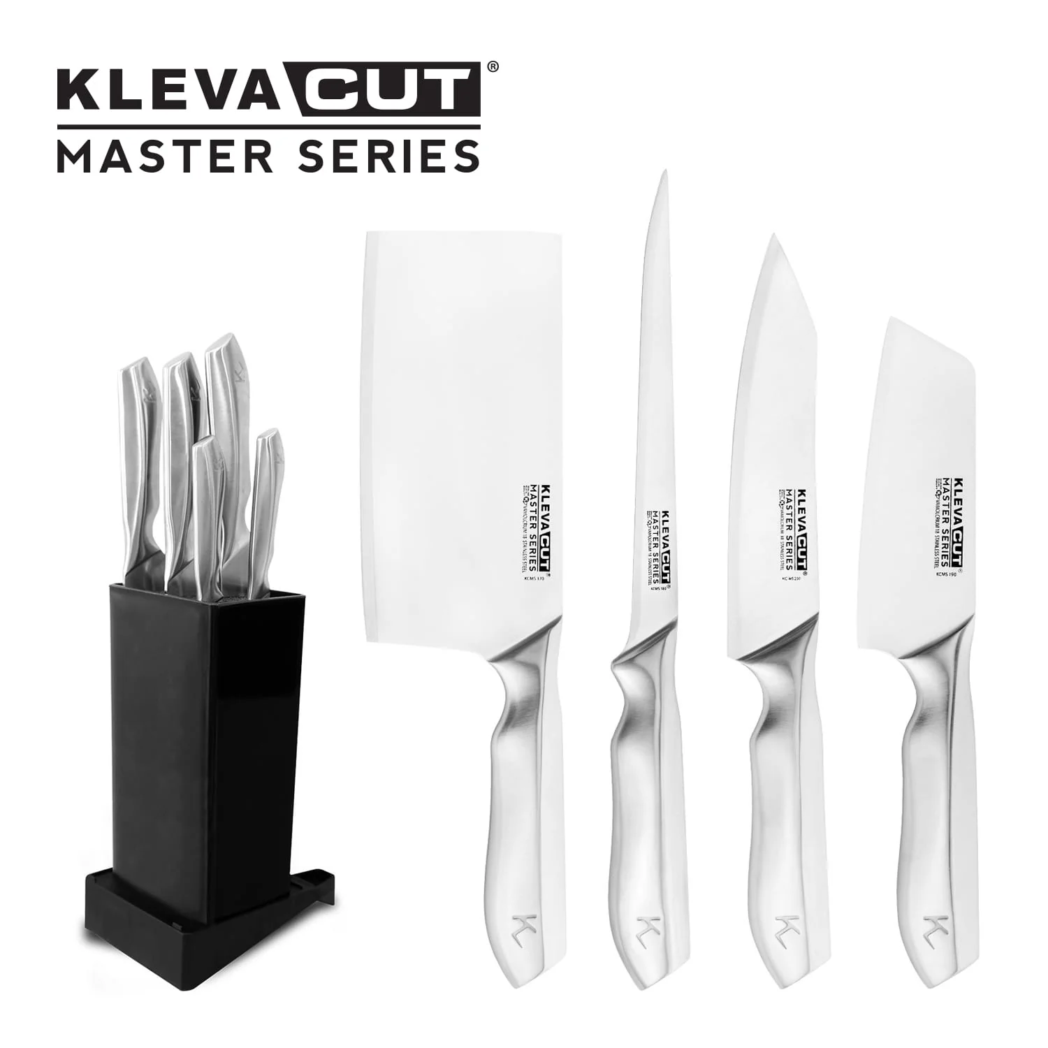 KlevaCut® Master Series Culinary Specialist 4pc Knife Set with Universal Block & Sharpener