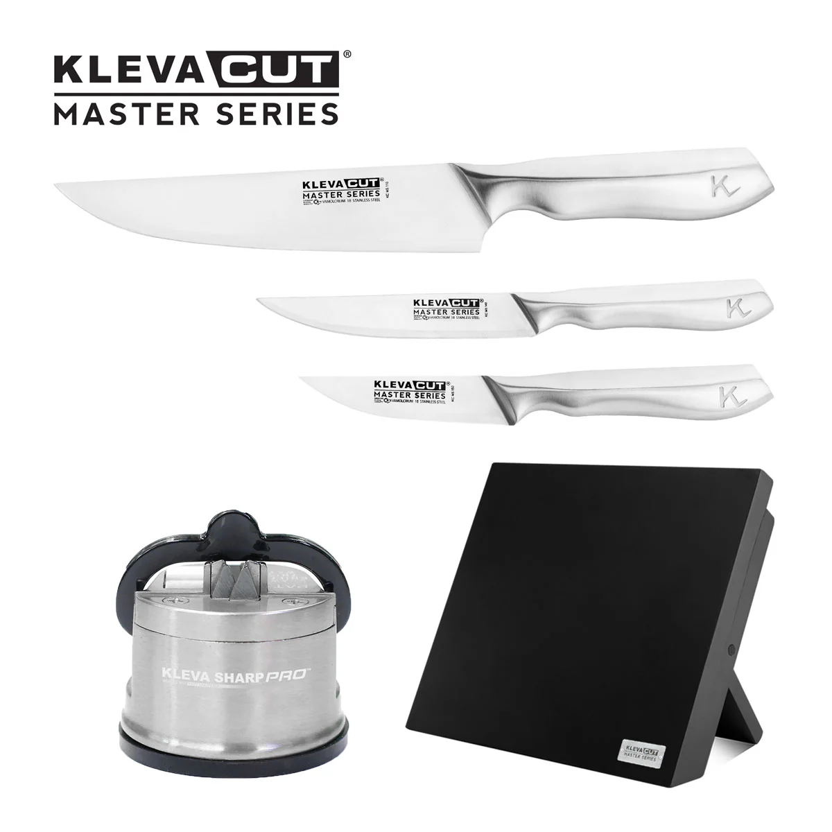 KlevaCut® Master Series Midnight Edition 3pc Knife Set with Block & Sharpener Pro