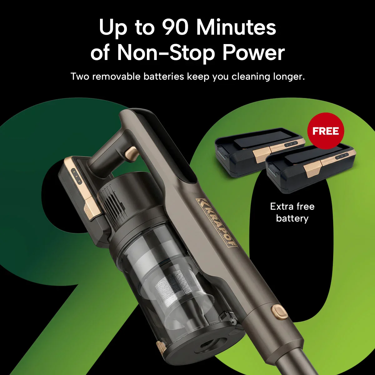 KRAPOF® Power Vac S3 Cordless Stick Vacuum + Extra FREE Second Battery - Image 3